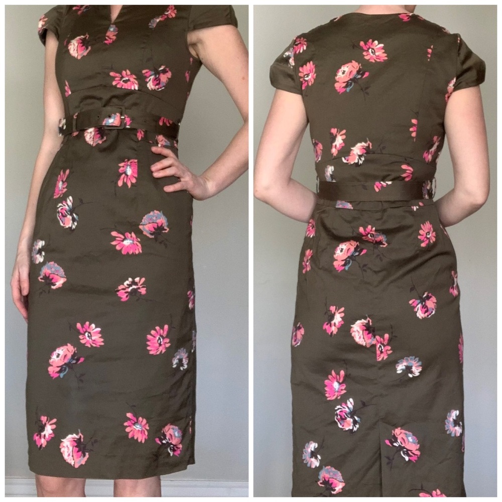 BODEN olive green floral pencil dress midi belted cap sleeve size 4L